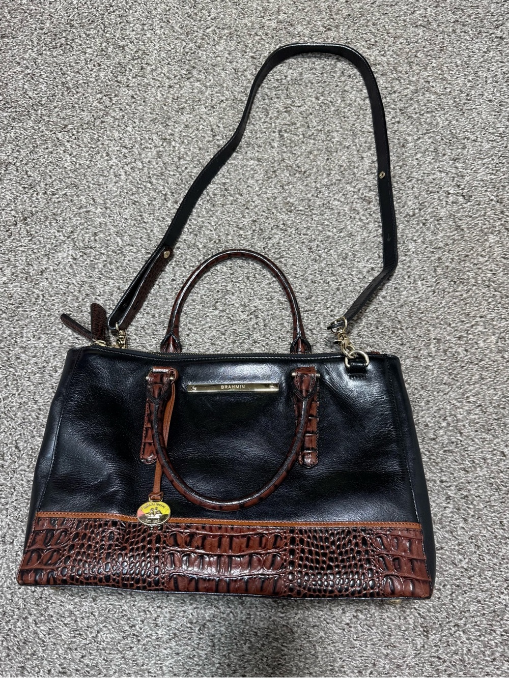 Brahmin Black Leather Satchel Shoulder Bag Brown Croc Embossed Trim Purse - Picture 4 of 16